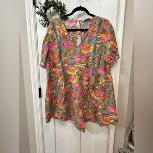 Floral Print Butterfly Sleeve V Neck Romper, Boho, Keyhole Back Short Sleeve